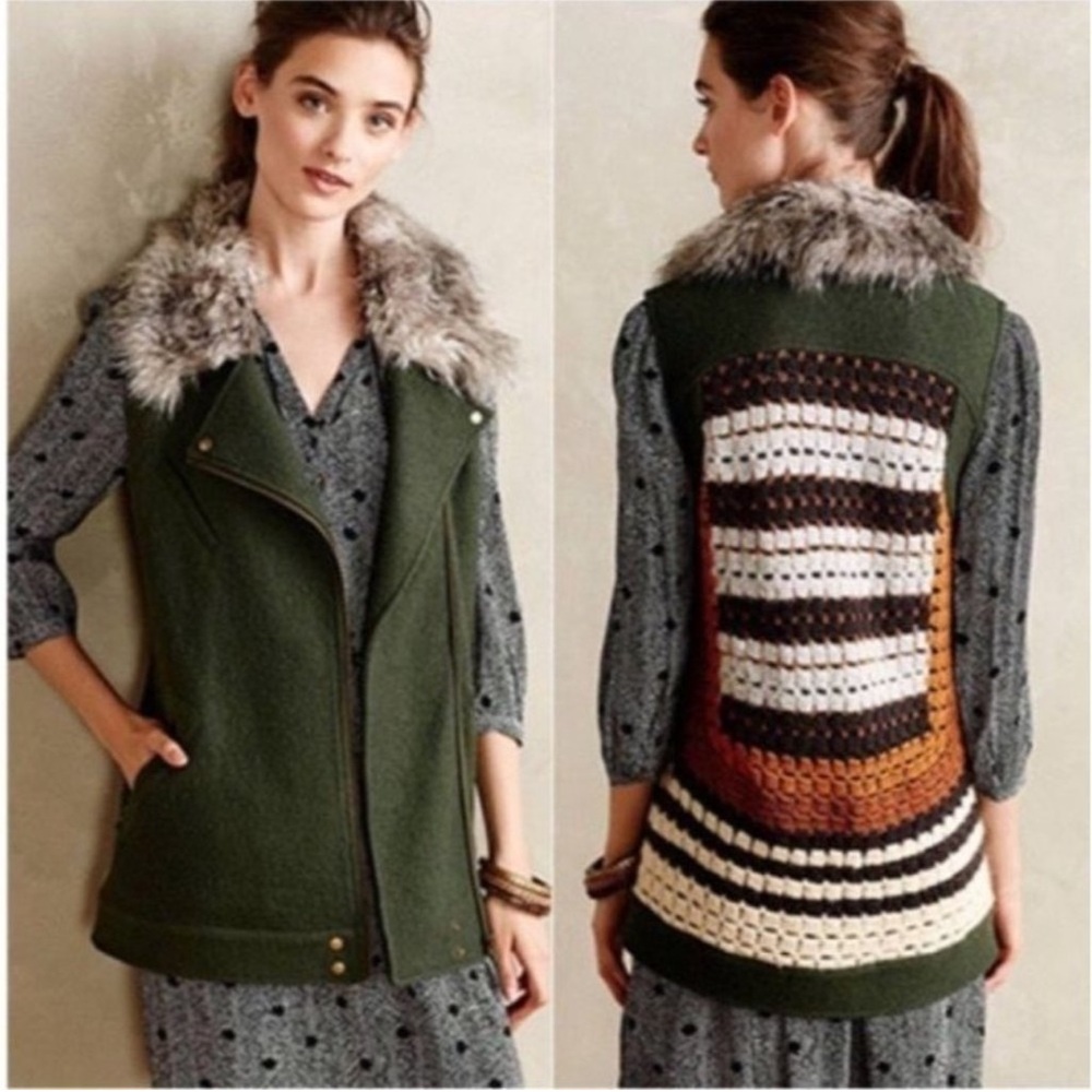 Anthropologie Green Vest with Faux Fur Collar